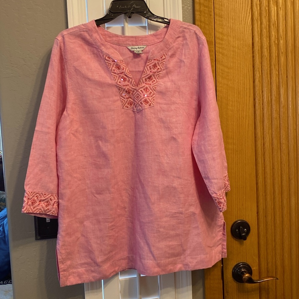 Tommy Bahama 100% Linen Pink Embellished Tunic Top
